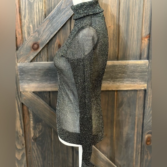 Michael Michael Kors Black Silver Metallic Sheer Long Sleeve Turtleneck Top XS - Picture 5 of 6